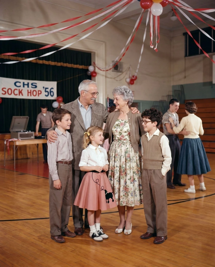 The same family restyled as 1950s · Sock Hop