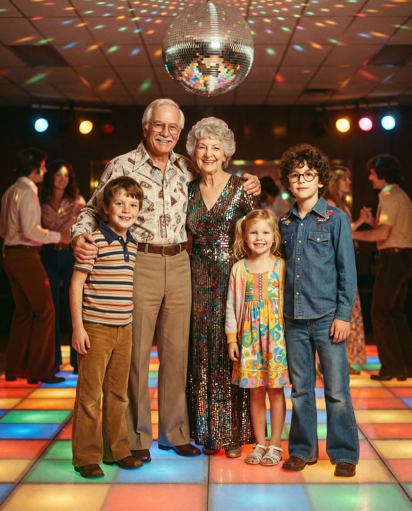 The same family restyled as 1970s · Disco