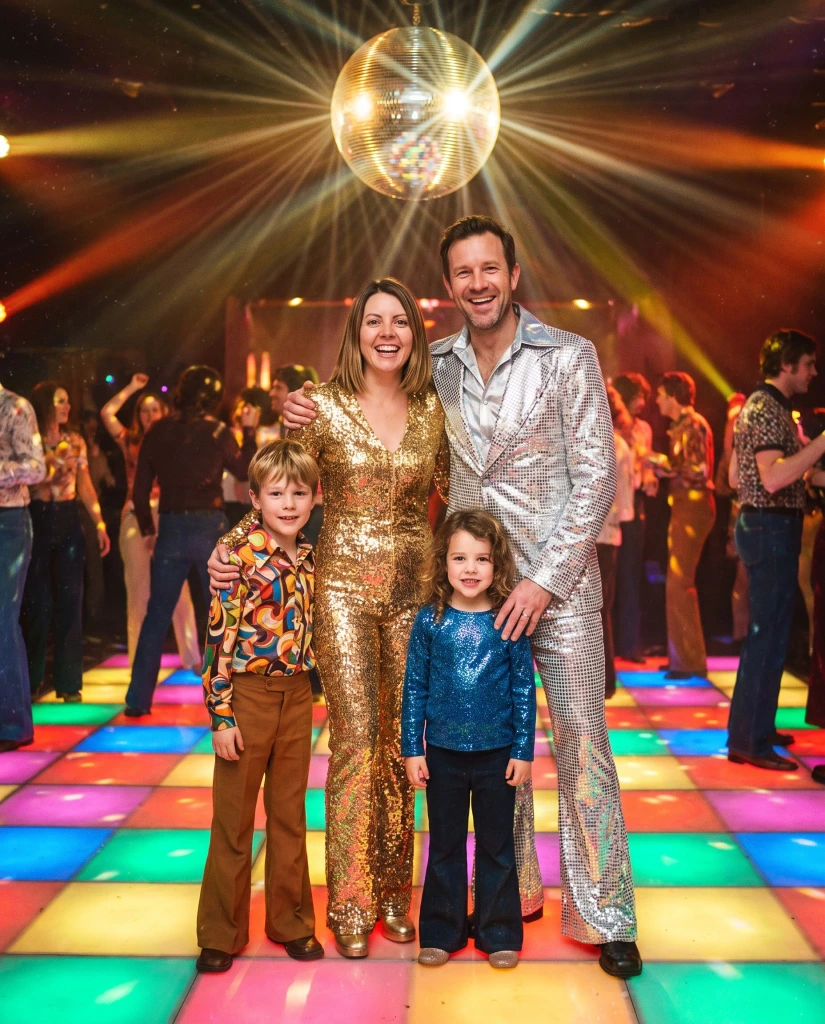 The same family restyled as 1970s · Disco
