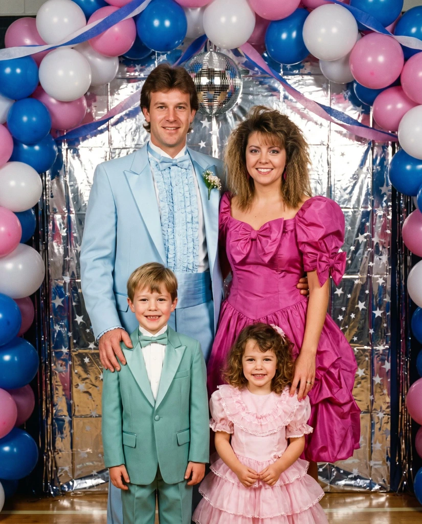 The same family restyled as 1980s · Prom