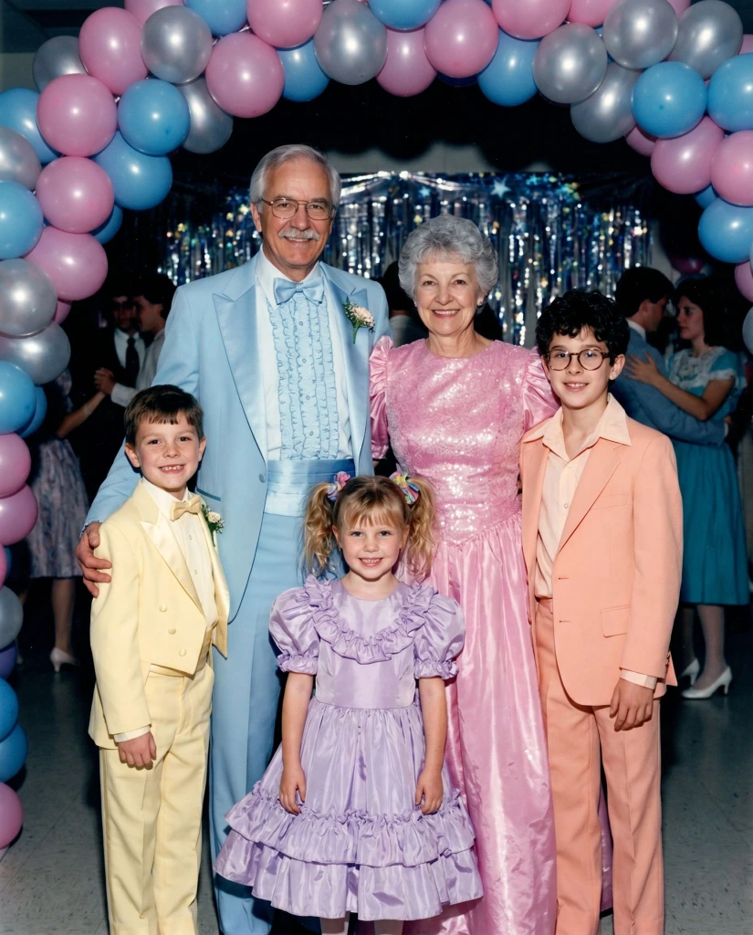 The same family restyled as 1980s · Prom